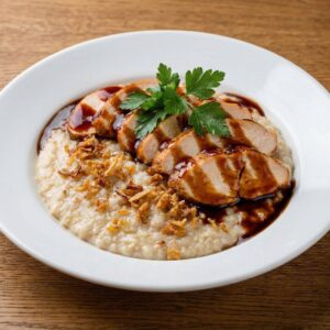 Сытная овсянка с нежной куриной грудкой, жареным луком и сладким соусом терияки